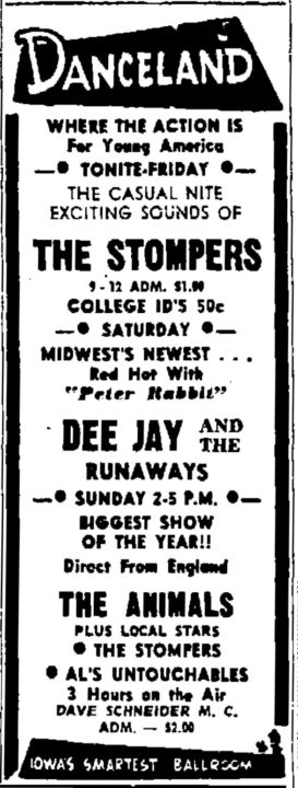 The Stompers, the Untouchables with the Animals at Danceland on May 1, 1966, ad from the Cedar Rapids Gazette, April 29