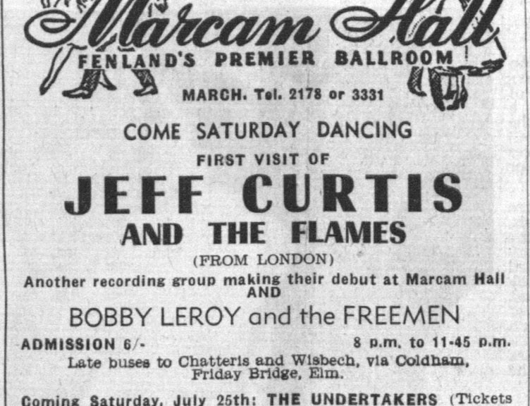 Jeff Curtis & the Flames, the Undertakers, at Marcam Hall, Fenland, from the Cambridgeshire Times, July 17, 1964