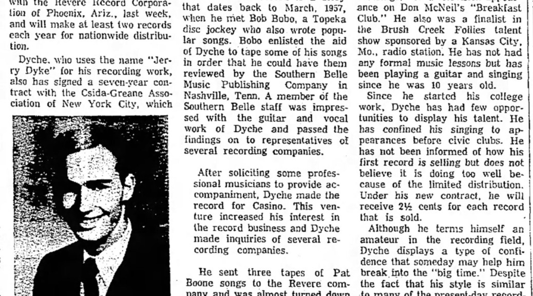 Gerald Dyche (aka Jerry Dyke) in the Emporia Gazette, February, 1958