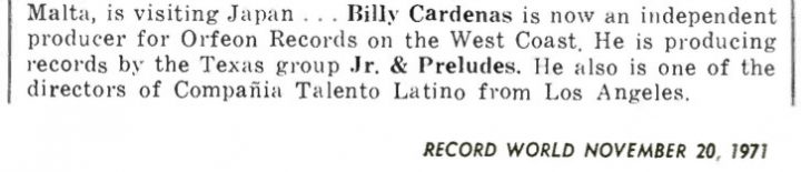 Billy Cardenas producing for Orfeon, Record World, November 20, 1971