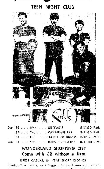 Spidels Photo Outcasts Cave Dwellers Ones Trolls Teen Canteen San Antonio Express and News Dec 26, 1965